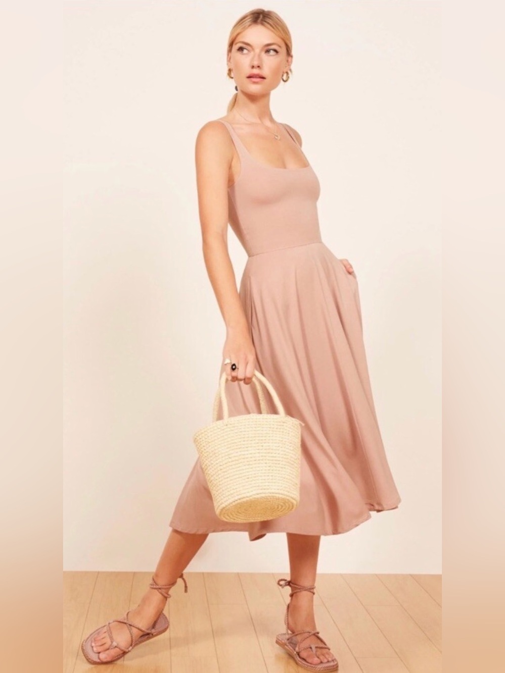 Reformation Rou Knit scoop neck sleeveless midi dress size XS blush pink